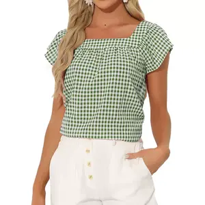 INSPIRE CHIC Women's Summer Square Neck Gingham Cap Sleeve Blouses Green White Small