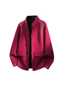 1 PC Men's Fall/Winter Fashion Simple Solid Color New Chinese Style Small Standing Collar Chinese Style Print Simple Sleeve Opening Collar Print Design Long Sleeve Loose and Durable Windproof Jacket, with Drawstring and Pockets