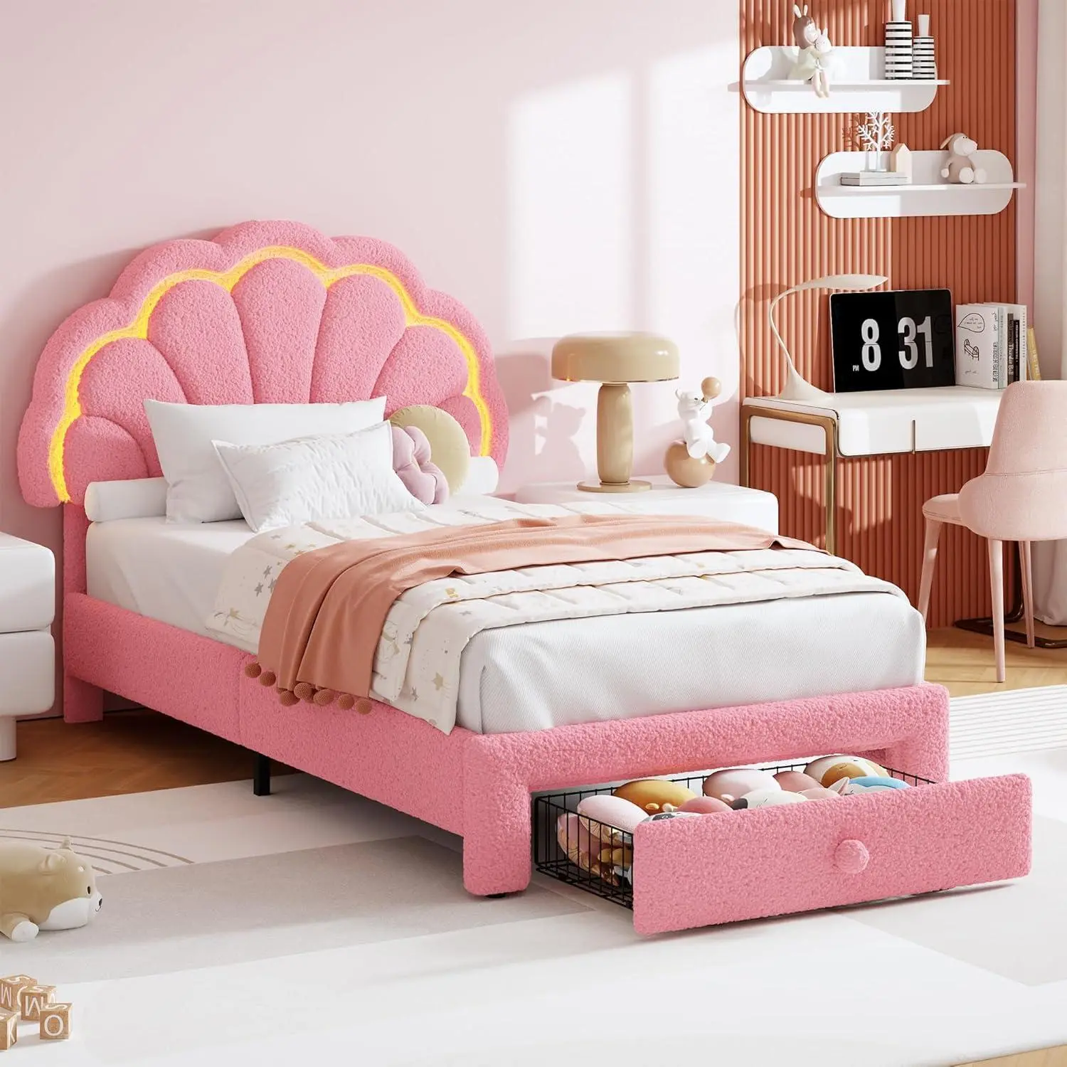 Twin Upholstered LED Bed Frame with Storage Drawer, Kids Platform Bed with Adjustable Berber Fleece Headboard, Princess Bed Frame for Girls, Wood Slats Support, No Box Spring Needed, Pink
