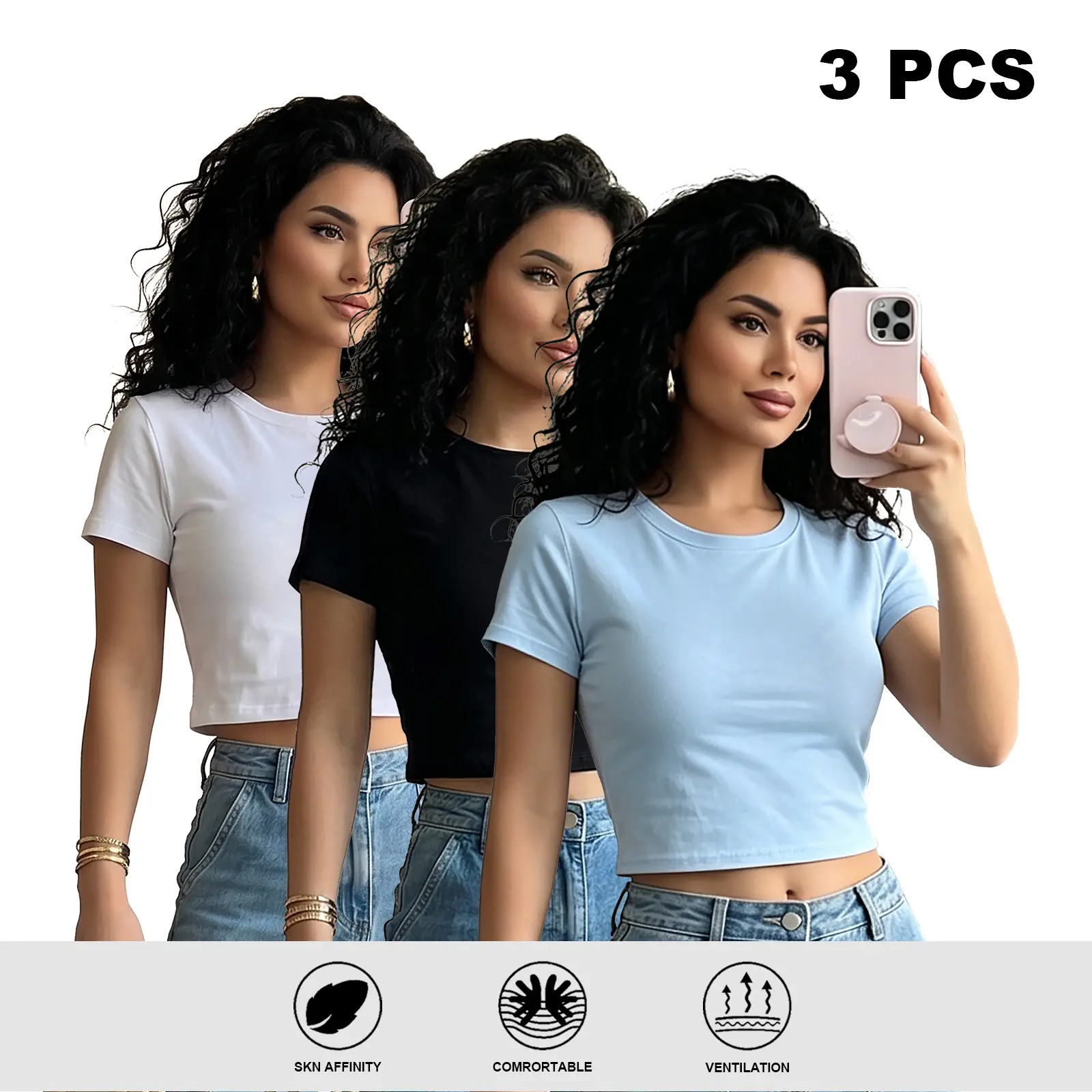 ACTCITY 3-Pack Women's Basic Crop T-Shirts, Short Sleeve Crew Neck Solid Color Tees, Casual Slim Fit Crop Tops for Summer,la