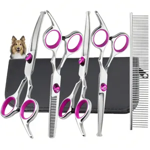 6 In 1 Dog Grooming Scissors Kit, 4CR Stainless Steel & Heavy-Duty, Professional Dog Scissors Grooming/ Safety Round Tips, & Study Grooming Shears Kit Dogs Cats Pets(Blue/Pink)