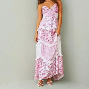Floral Lace Patchwork Spaghetti Strap Dress - Available in Pink or Blue for a Chic Summer Look