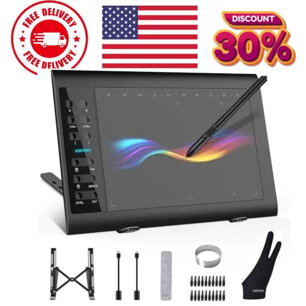 Graphics Drawing Tablet 10 x 6 Inch Large Area with 8192 Levels -Free Pen and 12 Hot , Compatible with PC//Android OS for Painting, Design & Online Teaching Black Writing