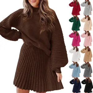 Imily Bela Women's 2 Piece Outfits 2026 Long Sleeve Mock Neck Ribbed Sweaters & Mini Skirt Set Soft Cozy Knitted Fabric Casual Everyday Wear Dress Womenswear