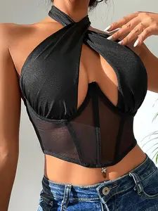 Women's Sleeveless Mesh Bodysuit Top, Fashionable Short Halter Neck Tank, Perfect for Parties and Gatherings, Stylish Tight-Fitting Vest