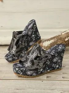Women's Butterfly Print Wedge Sandals - Open Toe Slip-On Platform Sandals, Bohemian Espadrille Wedges 2026 New Black & Gold Printed Wedge Mules, Comfortable High Heel Summer Beach Sandals for Women