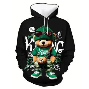 [Long Sleeve Polyester Hooded Sweatshirt] Men'S 3D Digital Print Cartoon Bear Hoodie, Polyester Street Style Hooded Sweatshirt, Regular Fit, Long Sleeve, Slight Stretch Knit Fabric, Geometric Pattern, with Kangaroo Pocket, for Casual Outdoor Pullover