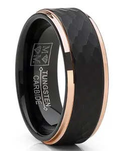 Men's Tungsten Carbide Wedding Ring Black and Rose Goldtone Hammered Band