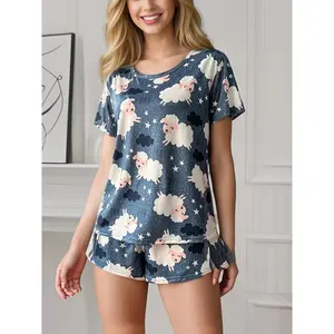 Women's Cute Cartoon Sheep Print Pajama Set, Short Sleeve Round Neck Top & Shorts, Comfortable Relaxed Fit