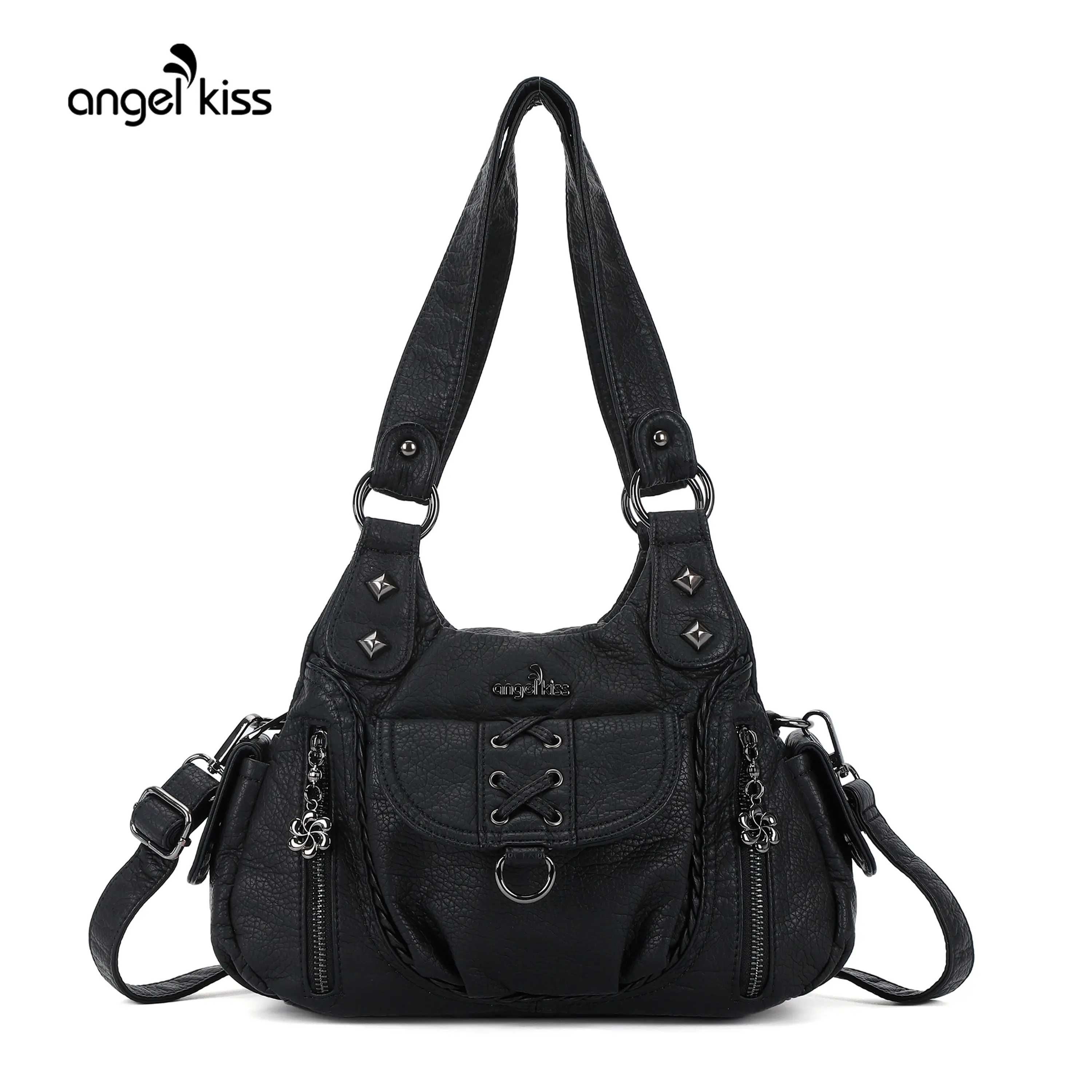 Angel Kiss Bag for Women - Y2K Vegan Leather Small Hobo Black Shoulder Bag, Multi-Pocket Everyday Handbag Satchel, Crossbody Tote,