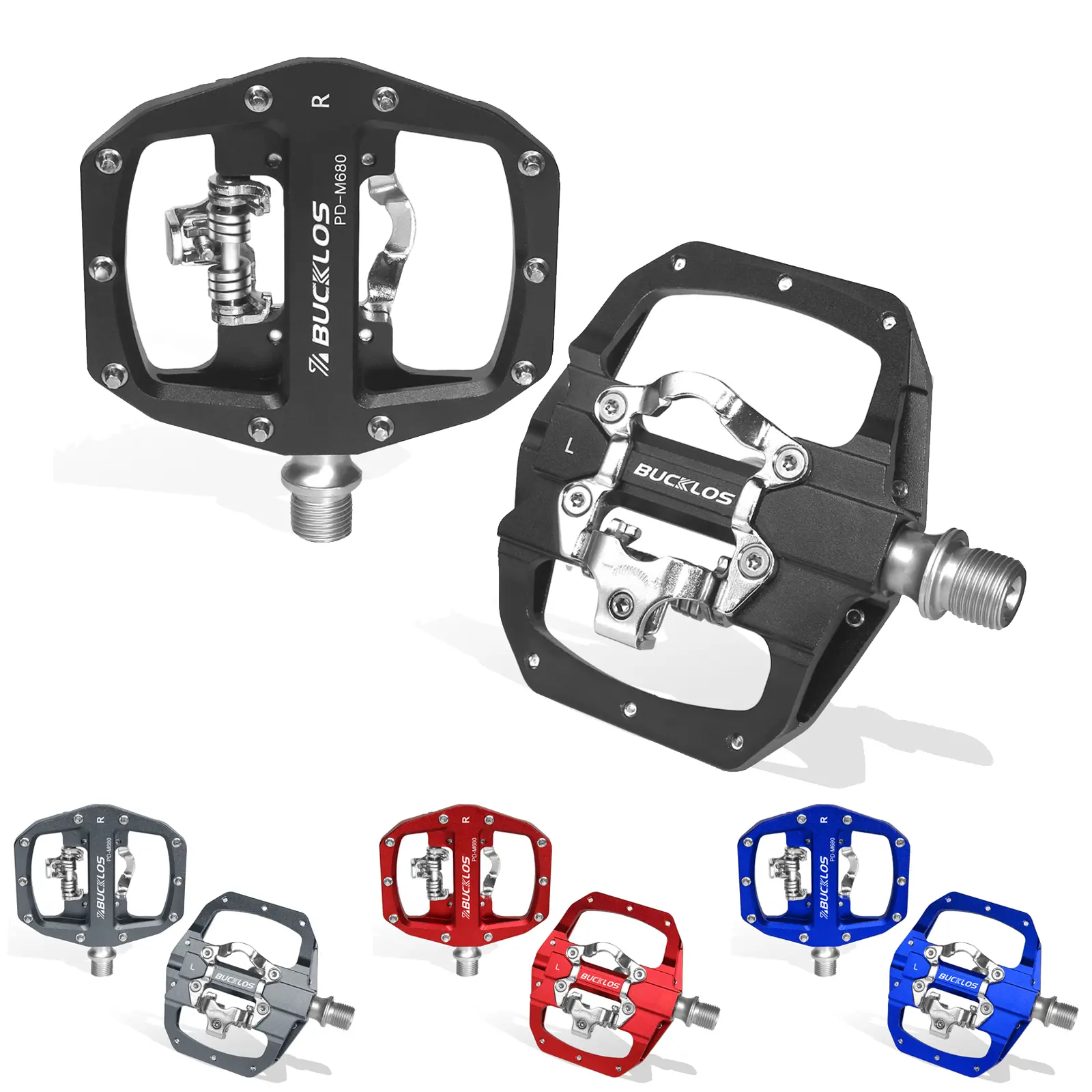 BUCKLOS Dual Function Clipless System, Hybrid CNC Aluminum Platform with Sealed Bearings & 10 Spikes for Mountain & Hybrid Bikes, Clipless Pedals, 3.86*3.46In Wide Grip, Anti-Skid Spikes, 500G
