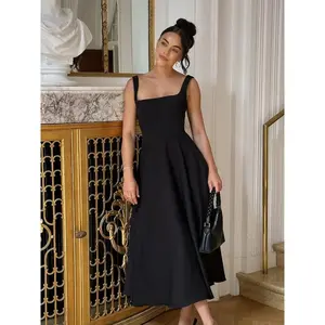 Women's Polyester Square-Neck Sleeveless Strap High-Waist A-Line Dress - Minimalist, Elegant, Basic, Comfortable Fit 2025 New Chic Women's Clothes for Casual, Beach Party