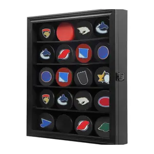20 Hockey Puck Display Case - Puck Holder Wall Mount Cabinet Stand - Hockey Puck Shadow Box with Real Glass for Collection Hockey Puck, Large Black