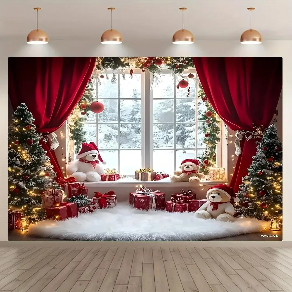 Christmas Themed Window Scene Background Banner, Party Decorations Banners, 1 Count Christmas Tree & Gift Pattern Backdrop, Wall Decoration for Home Party Garden, Ornaments