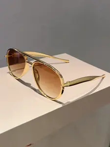 New Round Dual Beam Large Frame Pilot Sunglasses, Fashion Trendy Frog Glasses, Simple Vintage Style, Casual Metal Frames, All Seasons, Classic Shades