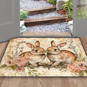 Easter Doormat | Easter Rug, Welcome Mat, Flannel, Non-slip, Spring Cute Bunny Floral Design for Outdoor Entrance, Living Room, Bathroom, Bedroom, Kitchen, Easter Decorations