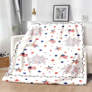 1pc Patriotic July 4th American Flag & Fireworks Throw Blanket | Polyester, Machine Washable, Red & White Design with Stars, Perfect for Sofa or Bed Decor, Fireplace Cover, All Seasons Use