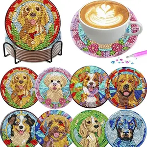 8 pieces/set of diamond art painting coasters with brackets, DIY animal dog pattern diamond art coasters, suitable for both adults and beginners as diamond painting sets, diamond set craft supplies, exquisite gifts for friends