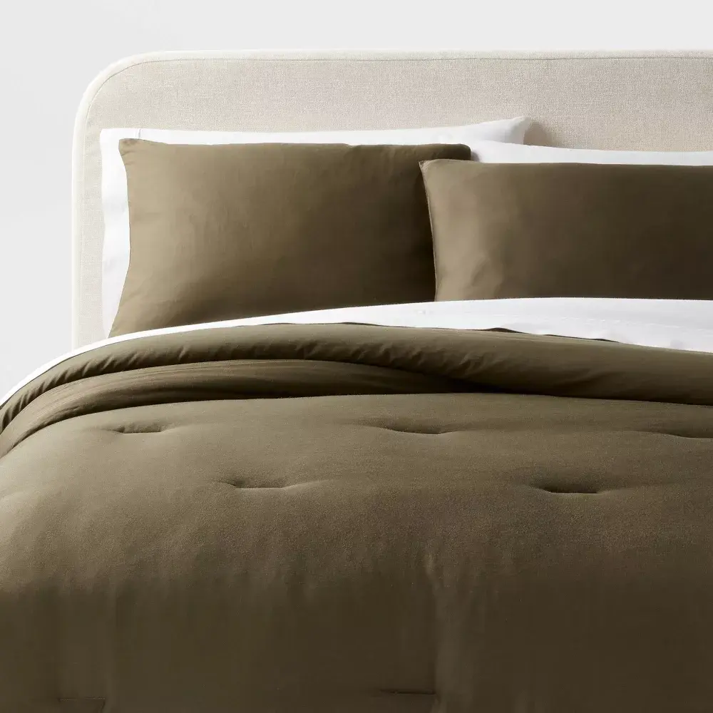 King Washed Cotton Sateen Comforter and Sham Set Dark Olive Green - Threshold: 250 Thread Count OEKO-TEX Certified