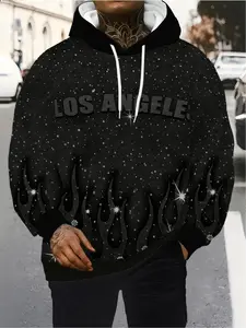 Men's Los Angeles Flame Starry Sky Black Base Silver Glitter LOS ANGELES 3D Print Hoodie 2026 Viral Street Hip Hop Dark Casual Oversize Versatile Slim Fit Muscle Four Seasons Essential Handsome Outerwear