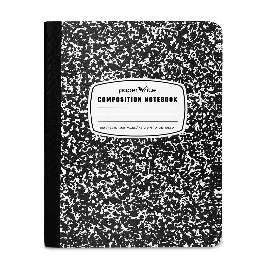 Paper Rite Wide Ruled Composition Notebook Black Marble | 100 Sheets | 9.75 x 7.5 Inches | Durable Sewn Binding for School & Office Use Pack of (1)