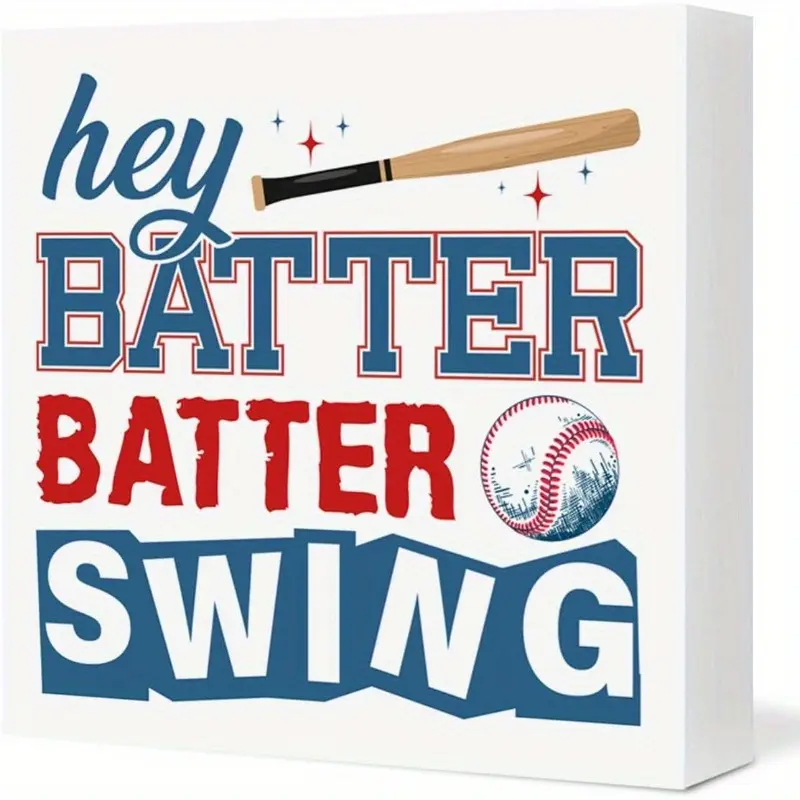 Baseball Sign Decor Hey Batter Batter Swing Wood Block Sign Home Sports Boys Room Decoration 5x5 inch