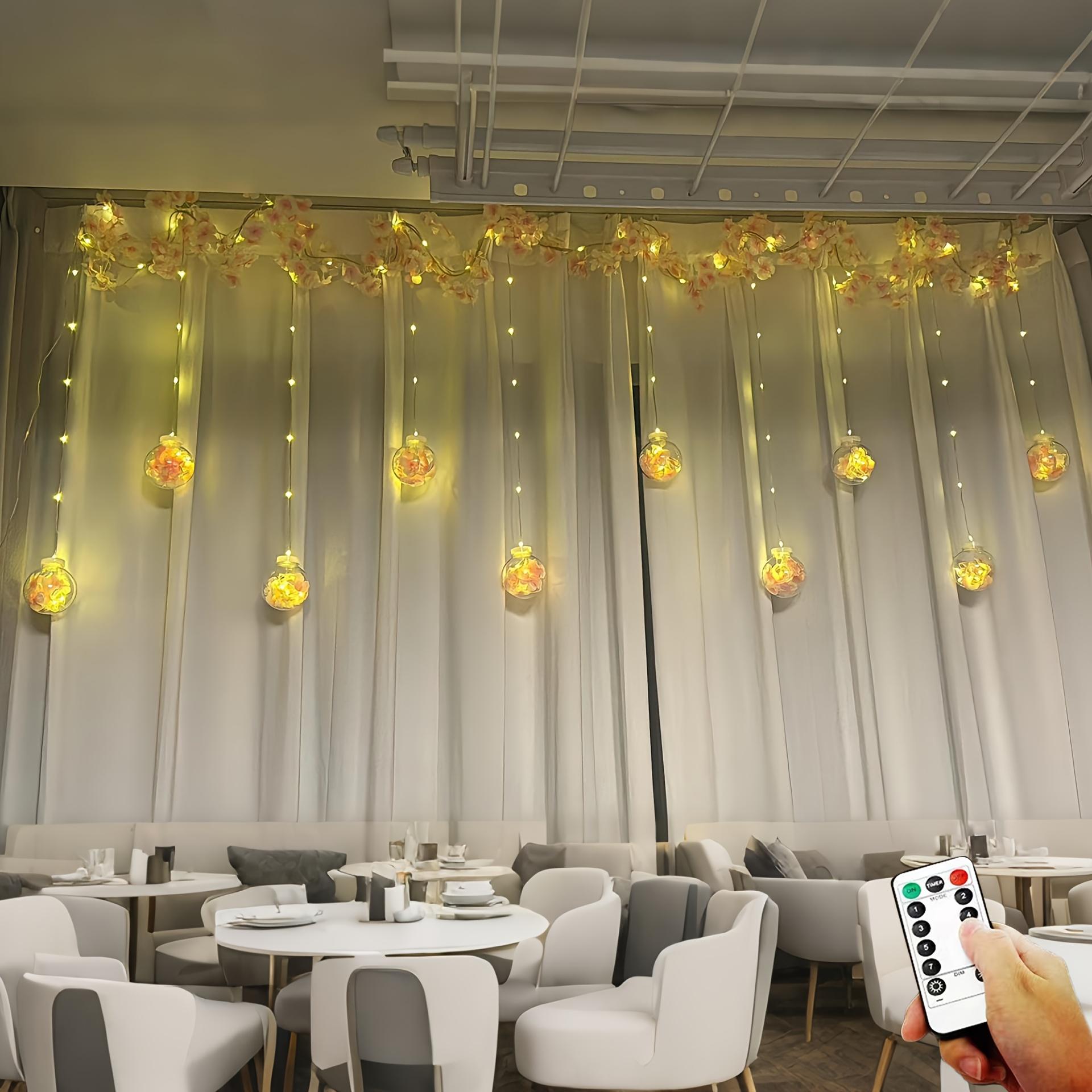 Cherry Blossom and Wisteria Wish Ball String Lights, 118 inches long, USB-powered, comes with a remote control, features 8 lighting modes, and includes 108 LED bulbs and 10 round bulbs. Perfect for Mother’s Day and indoor holiday decorations.