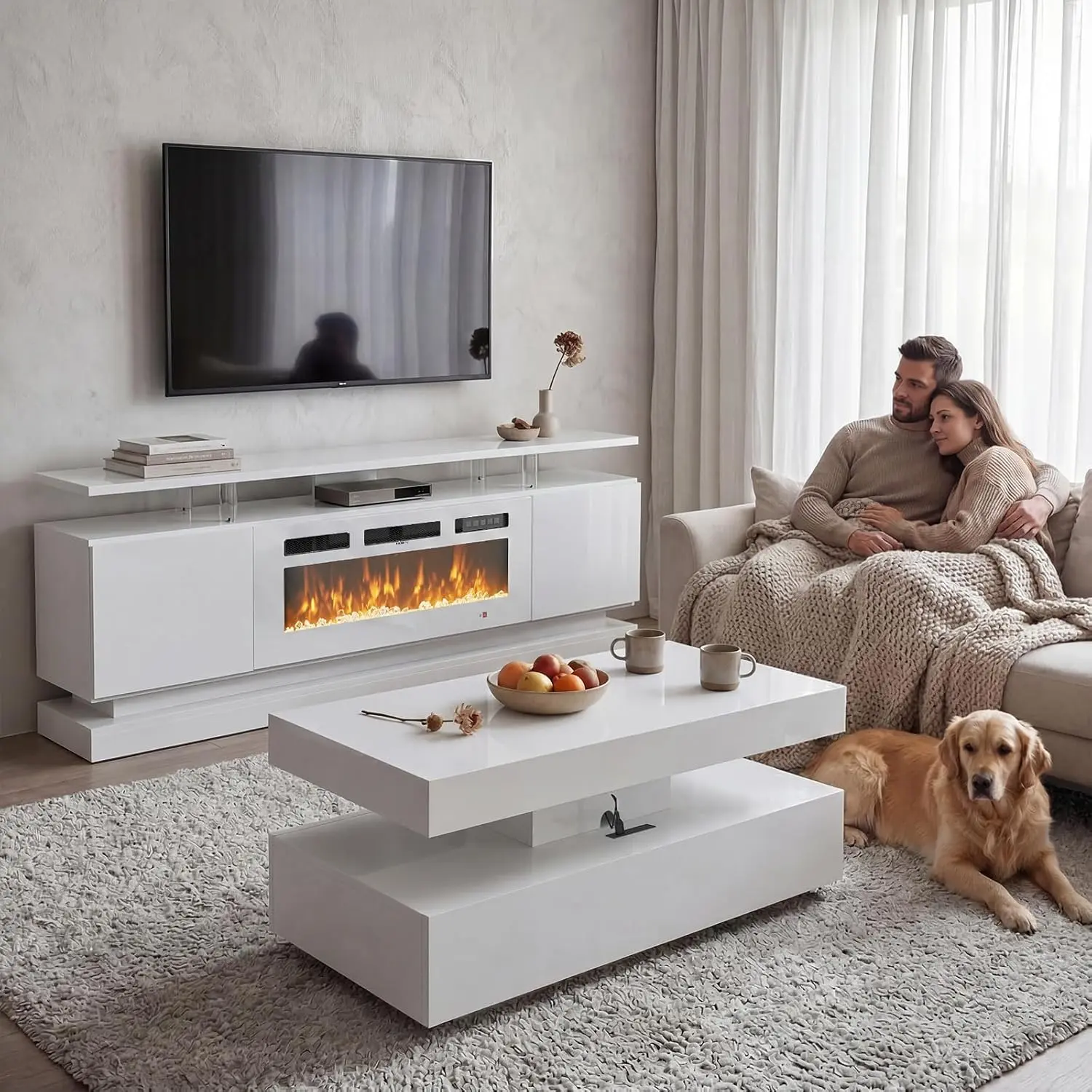 Aoxun 2-Piece Modern Indoor Furniture Set, Includes 70" Fireplace TV Stand & 39" Coffee Table with Charging Station and USB Ports, for Living Room, Two Piece Set, Charging Ports