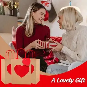 5/10/15pcs Valentine's Day gift bag heart-shaped kraft paper birthday love warp bag New Year's Mother's Day handle bag Thanksgiving shopping bag, Valentine's Day decorations, shopping bags, party bags, wedding party gift bags, craft handbags, party gifts.