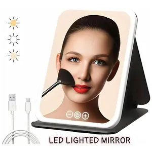 Travel Makeup Mirror with Light, Portable Lighted Makeup Mirror with 3 Color Lights, Tripple Folding Dimming Light Up Travel LED Mirror, Rechargeable,  Freely Adjust Height and Angle, Adjustable Mirror