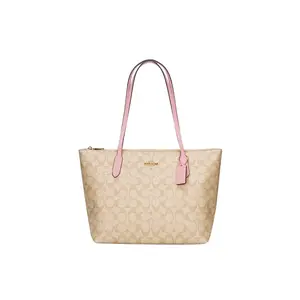 COACH Zip Top Tote 30 in Beige with Pink Accents, Large PVC and Leather Tote Bag for Women
