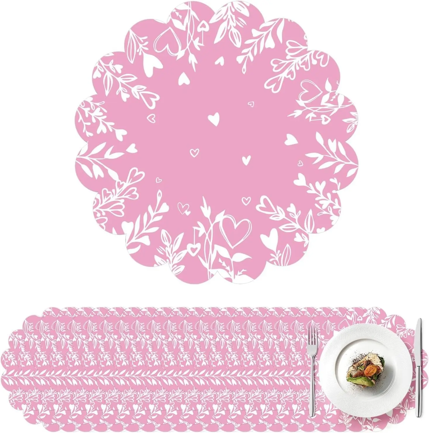 100 Pcs Pink Floral Paper Placemats 13.5 Inches Scalloped Valentines Placemats Disposable Valentines Day Pink Heart Place Mats for Dining Parties Weddings Holidays Table Decorations