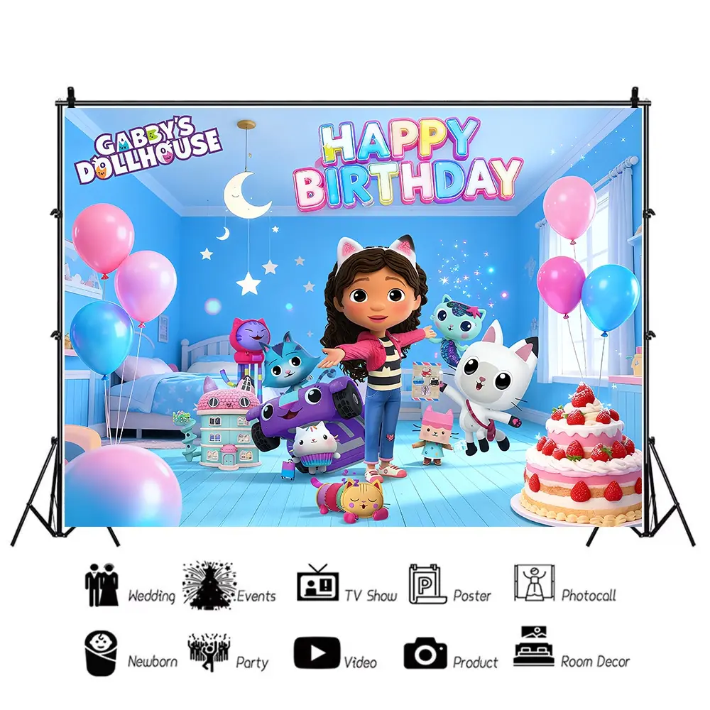 Cartoon Anime Gabby Dollhouse Happy Birthday Banner Wall Hanging Backdrop Party Photography Background Poster Wall Art Outdoor Home Decor Party Supplies