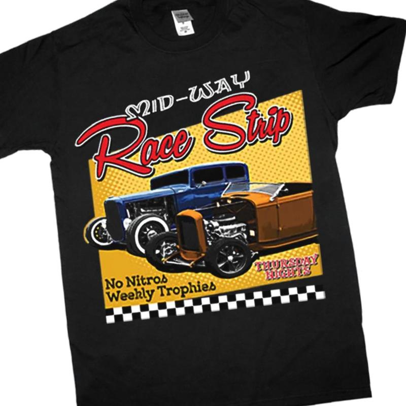 MID-WAY RACE STRIP Hot Rod Classic Vintage Car Graphic Music Band New Black T-Shirt Unisex Cotton Fabric Tee Full Size