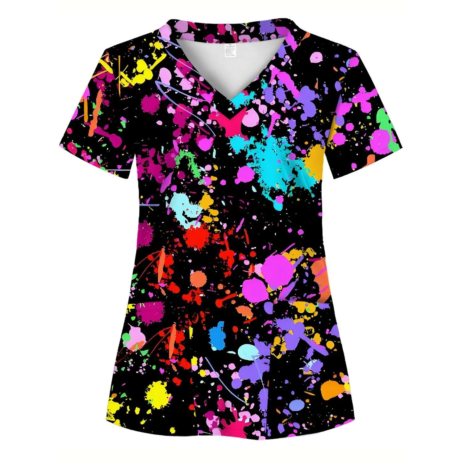 Full-Body Printed Colorful Splatter Women's Scrub Top with Two Pockets - Short Sleeve Healthcare Uniform for Nurses, Doctors, and Salon Professionals
