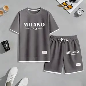 Two-Piece Set Men's Letter Print Tee & Drawstring Waist Shorts Pyjama, Crew Neck Short Sleeve T-Shirt & Pocket Track Shorts, Casual Comfy Men's Sleepwear Set for All Seasons