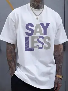 Plus Size Men's Black T-Shirt, Purple and White SAY LESS Print, Suitable for Casual Wear, Soft Cotton Blend Crew Neck Tee, Trendy Streetwear Graphic Top, Comfortable Loose Fit for Daily Wear, Summer, Outdoor, Gift for Him