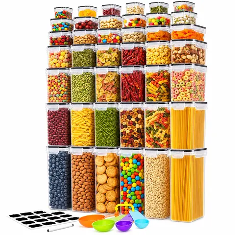 AISOON BPA-Free Durable Reusable Silicone Food Storage Containers Set (68/32/8 PCS, 2.0L) - 4-Side Locking Lids, Airtight 4-Side Lid, Plastic Canisters, Grain Dispenser, Stackable Kitchen Gadgets, Multipurpose Food Organizer for Pantry, Fridge