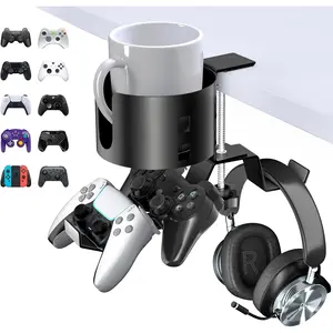 4 in 1 Desk Cup Holder, Headphone & Controller Holder, Large Metal Cup Holder with Dual Controller Holder W/Adjustable & Rotating Arm Clamp, Headphone Stand under Desk, Universal Headset, Controller OOKUU