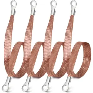 4PCS Universal Automotive Flat Braided Copper Ground Strap, 12" x 1/2" Professional Engine Grounding Cable Straps with Terminal Plugs,Vehicle Ground Strap, Tinned Copper Grounding Strap Wire for Cars