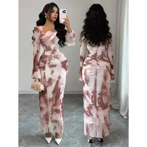 Women’s French vintage tie-dye print mesh ruched bodycon mini dress, fall new fashion bell sleeve tight fit, elegant casual wear long sleeve