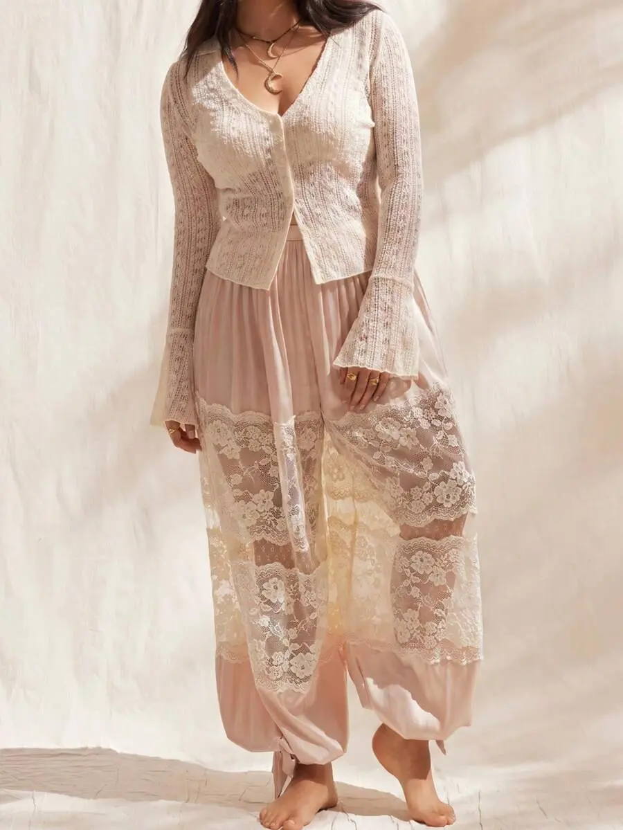 Plus Size Women's Contrast Lace Loose Lantern Pants With Cuffed Hem