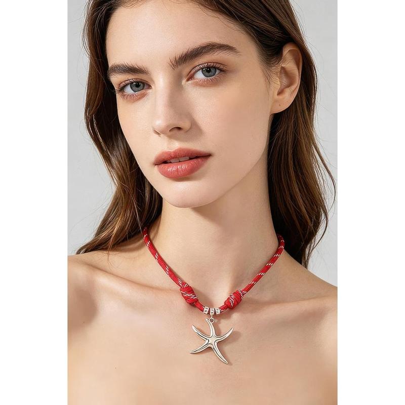 Elara Women's Fun Starfish Braided Rope Necklace, Sculptural Marine Star Charm Cord Choker Necklace, Whimsical Summer Vacation Beach Resort Jewelry for Date Night Casual Daily Streetwear Aesthetic