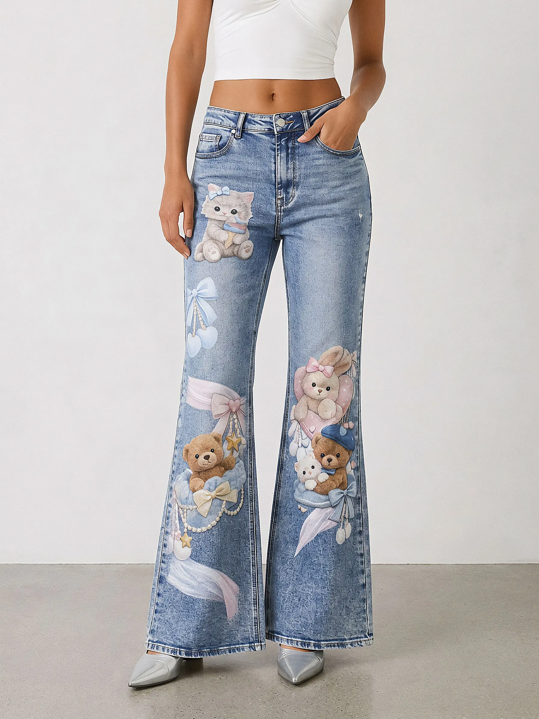 Kawaii Bear Bow Jeans Y2K Flare High Waisted Denim Pants Cute Coquette Aesthetic Wide Leg Streetwear Women Soft Girl Outfit