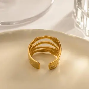 Minimalist Geometric Cuff Ring for Women – Hollow Open Stainless Steel Ring, Adjustable Modern Jewelry