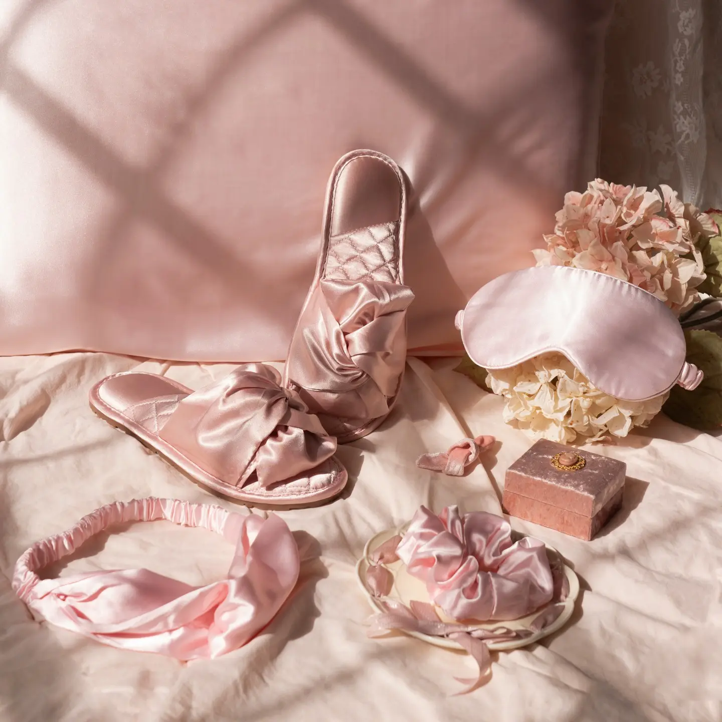 5 In One Satin Sleep Set (Pink) - Pillow Case/Eye Cover/Slippers/Scrunchies/Hairband