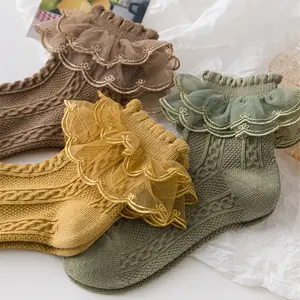 5 Pairs of Girls' Lace Ruffle Socks - Polyester Blend, Breathable & Comfortable, All-Season White Princess Socks for Dancing, Hand Wash Only, Dancing Socks |     Ruffle Detail Socks |     Knit Texture Socks