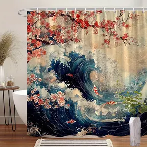 1pc Japanese Ukiyo-e Shower Curtain - Great Wave off Kanagawa Inspired Bathroom & Restroom Decor with Cherry Blossoms & Koi Fish - Extra Long 70x70 Inch Polyester Curtain with 12 Hooks - Machine Washable Japanese Wall Hanging Art for Bath or Shower