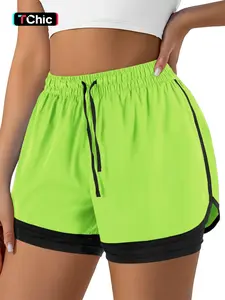 Summer New Women's Two-Layer Mock Two-Piece Gym Shorts, Quick-Dry Running Shorts, Casual Sportswear, Fitted Style, Stretch Shorts