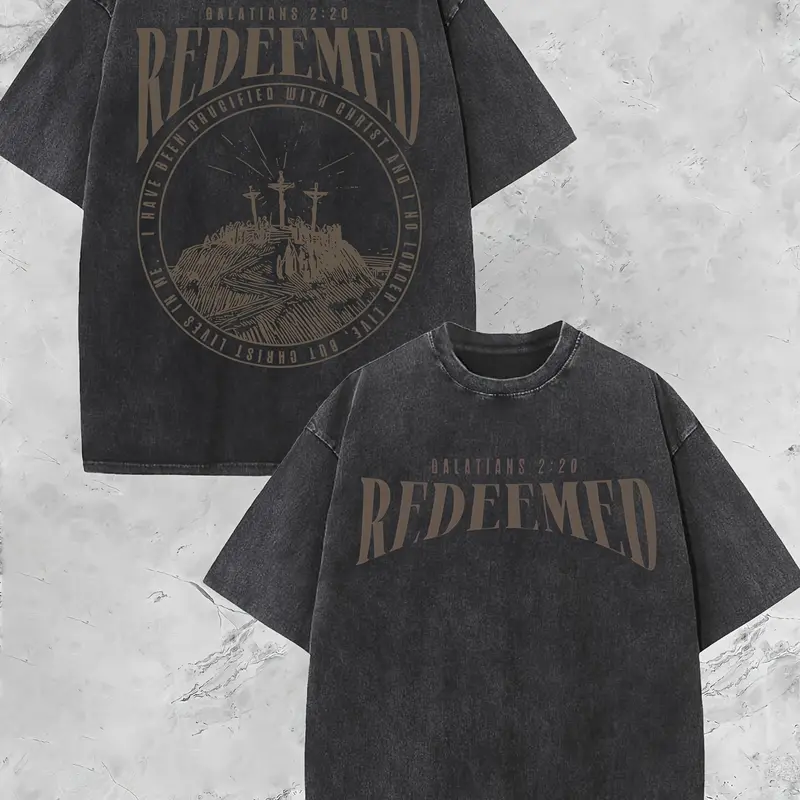 Men's REDEEMED 100% Cotton 220gsm Short-Sleeve T-Shirt - Men’s Shirts, Streetwear, Distressed Double-Sided Retro Print, Round Neck, H-Fit Christian Faith Design with Cross & Romans 3:23 Scripture, Casual Top, Machine Washable Summer Wear, Soft Texture